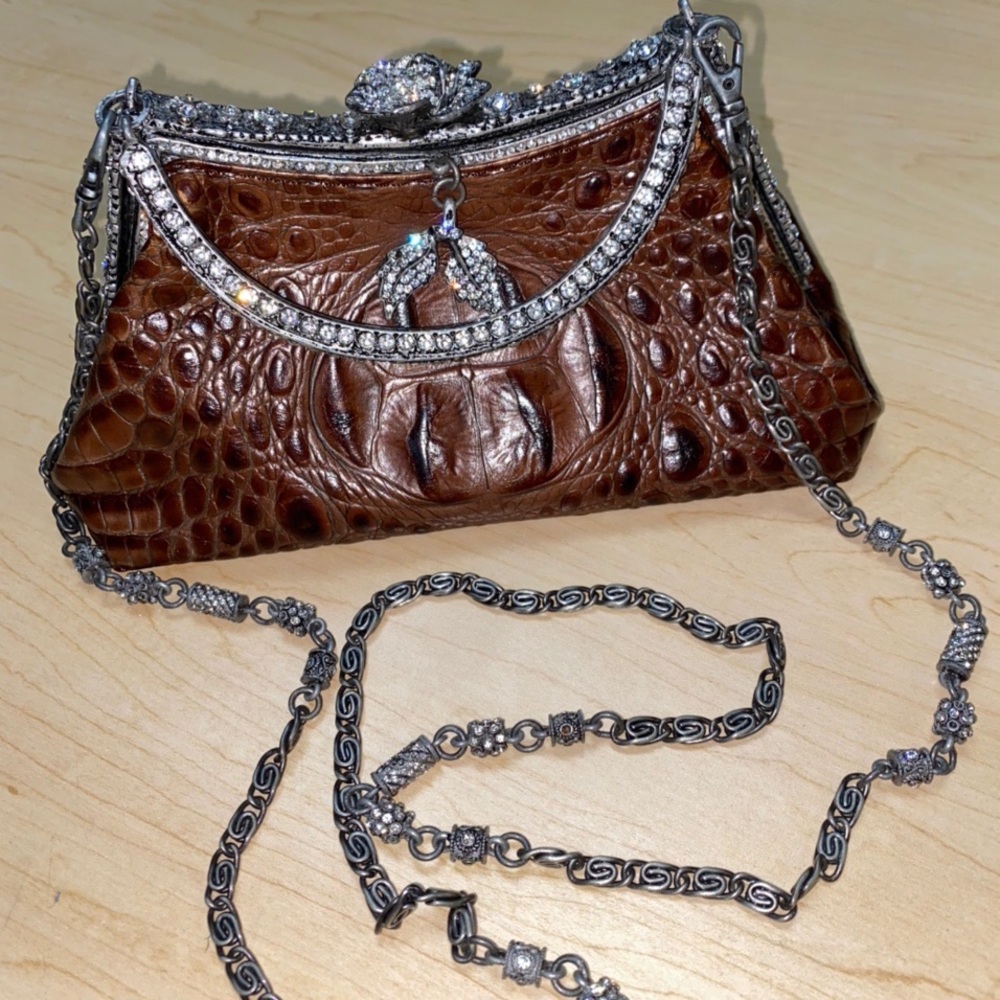 Besso Brown Croc Leather Handbag Evening Purse Besso Swarovski Crystal’s